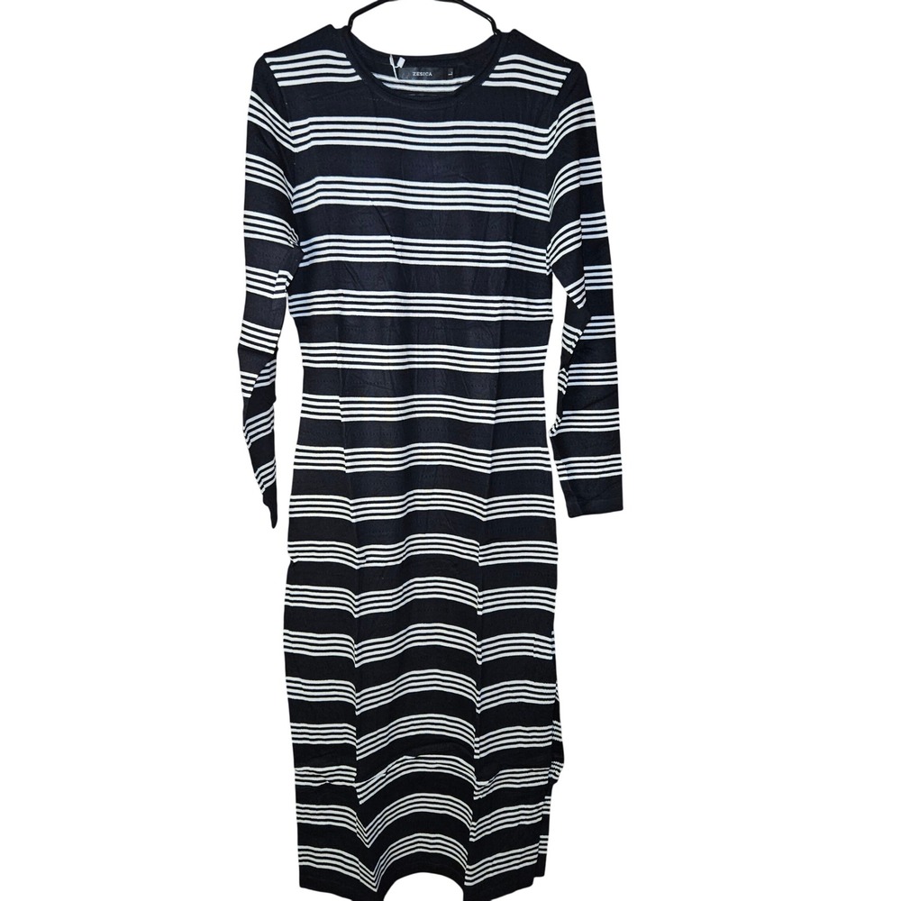 ZESICA Womens Black White Striped Long Sleeve Knit Bodycon Midi Sweater Dress L